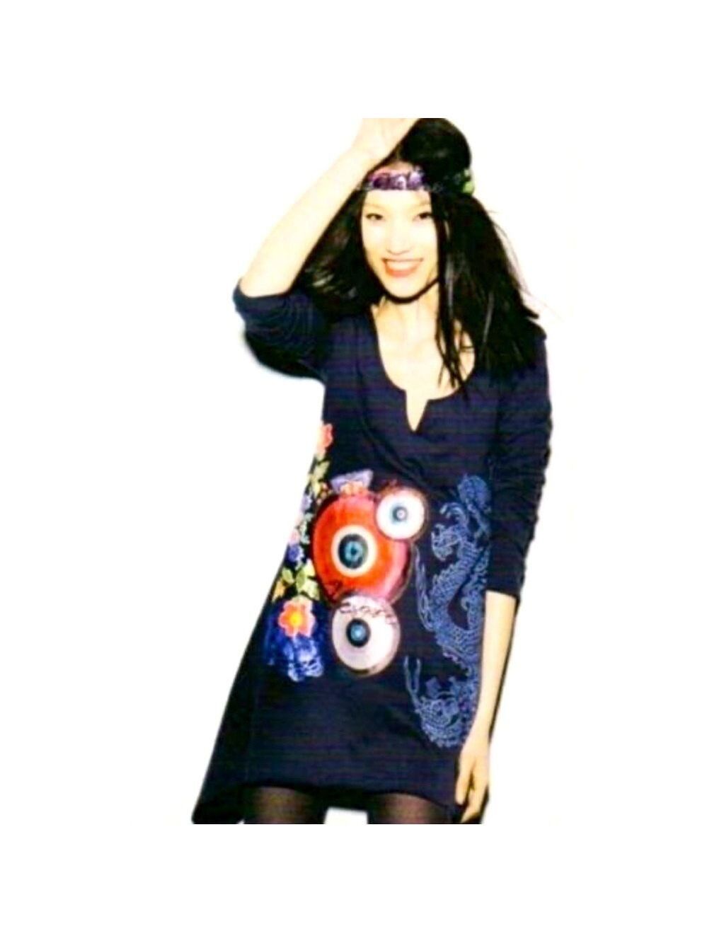 DESIGUAL Asymmetrical Mini Dress Tunic Navy Embroidered Flowers Butterfly Dragon